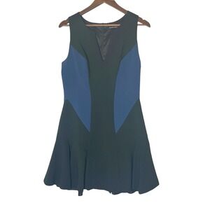 Black Halo Womens Colorblock Mini Dress Black Navy Blue V-Neck Fit Flare Size 10